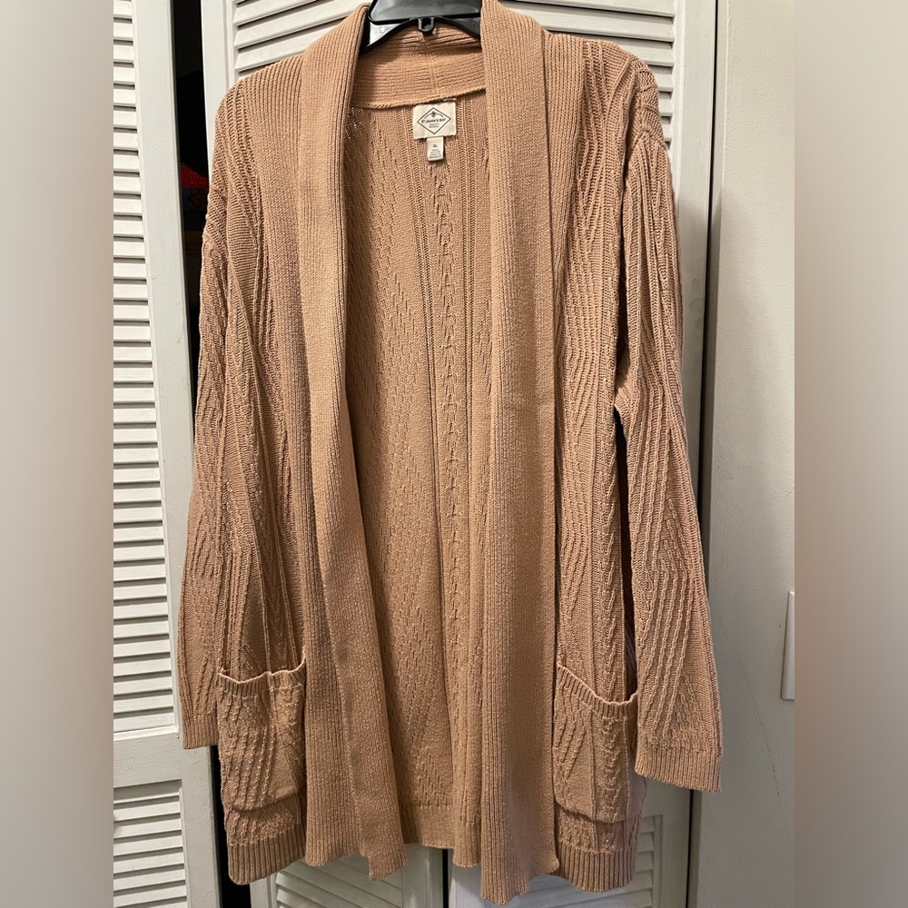 St. John’s Bay Tan Cardigan 100% Cotton Long Sleeve Open Knit Sweater XL